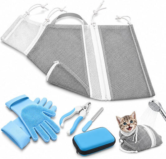 Cat Bathing Set with Pet Grooming Gloves for Cat Grooming, Upgraded Breathable Cat Bag for Bath with Openable Zipper and Reinforced Handle, Cat Washing Set with Nail Clipper File (Gray)