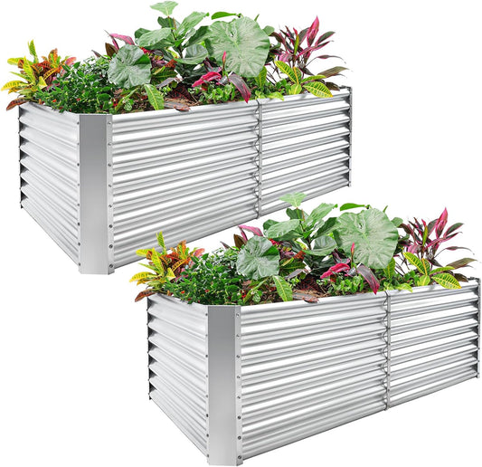 Land Guard 2 Pack 6×3×2 Ft Galvanized Metal Raised Garden Bed, 2FT Deep Root Elevated Planter Box Steel Large Vegetable Flower Bed Kit, Silver
