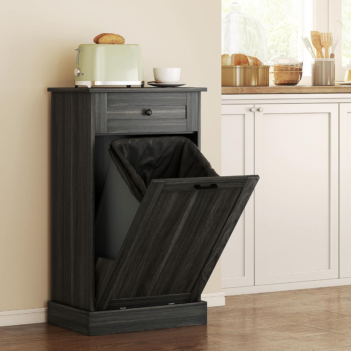 HOMCOM 10 Gallon Tilt Out Trash Cabinet with Storage Drawer Charcoal Gray