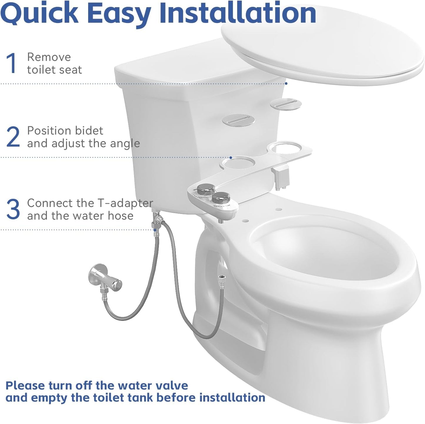 WATERLACE Ultra-Slim Bidet Attachment for Toilet - Dual Nozzle, Rear & Feminine Wash, Self-Cleaning, Adjustable Cold Water Pressure, Non-Electric Bidet Toilet Seat for Bathroom, Easy Install (Chrome)