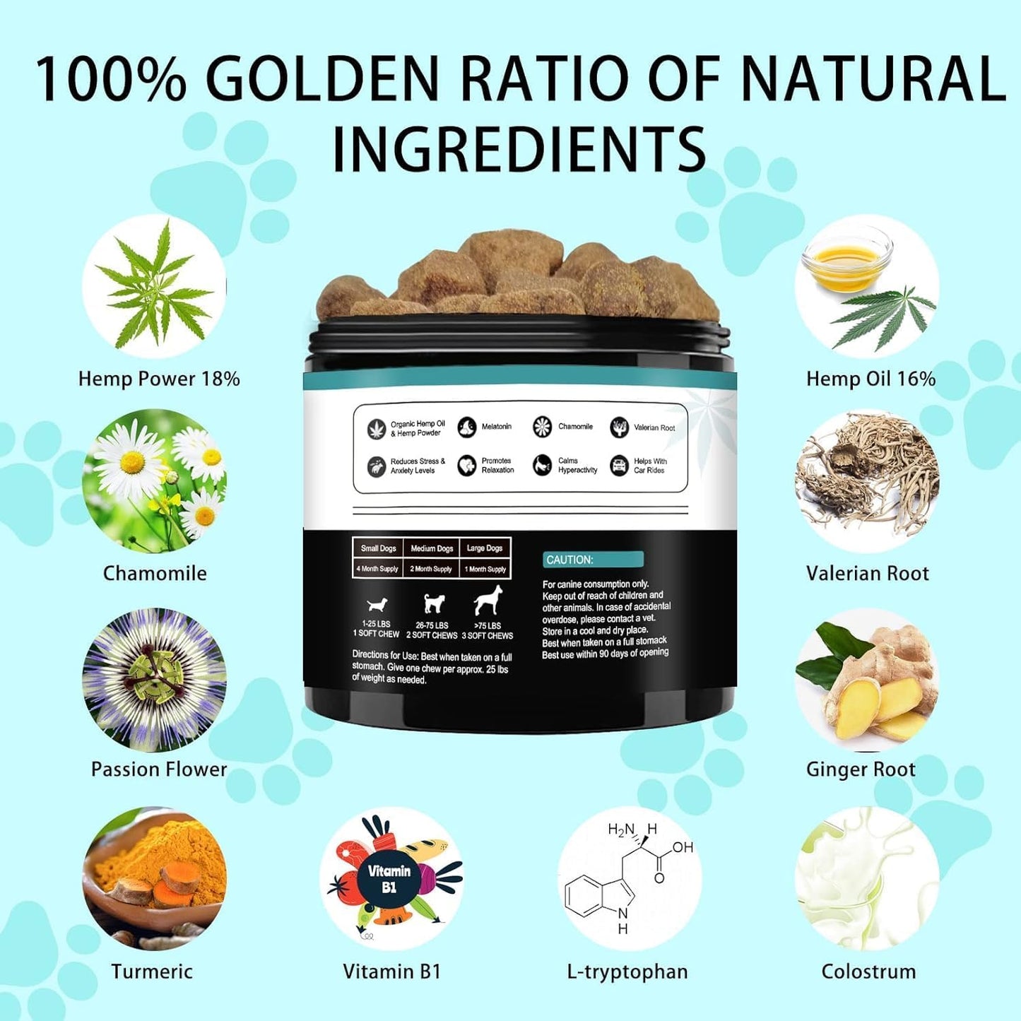Hemp Calming Chews for Dogs, Dog Calming Treats Anxiety Relief 100% Golden Ratio of Natural Ingredients Treat, Aid with Separation, Barking, Stress Relief, Thunderstorms