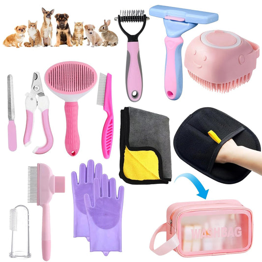 Oromaviela 12PCS Rabbit Bunny Cat Grooming Kit,Self-Cleaning Slicker Brush&Deshedding Tool,Dematting Comb,Nail Clipper&File,Electrostatic Hair Removal Gloves,Complete Pet Grooming Supplies(12, Pink)