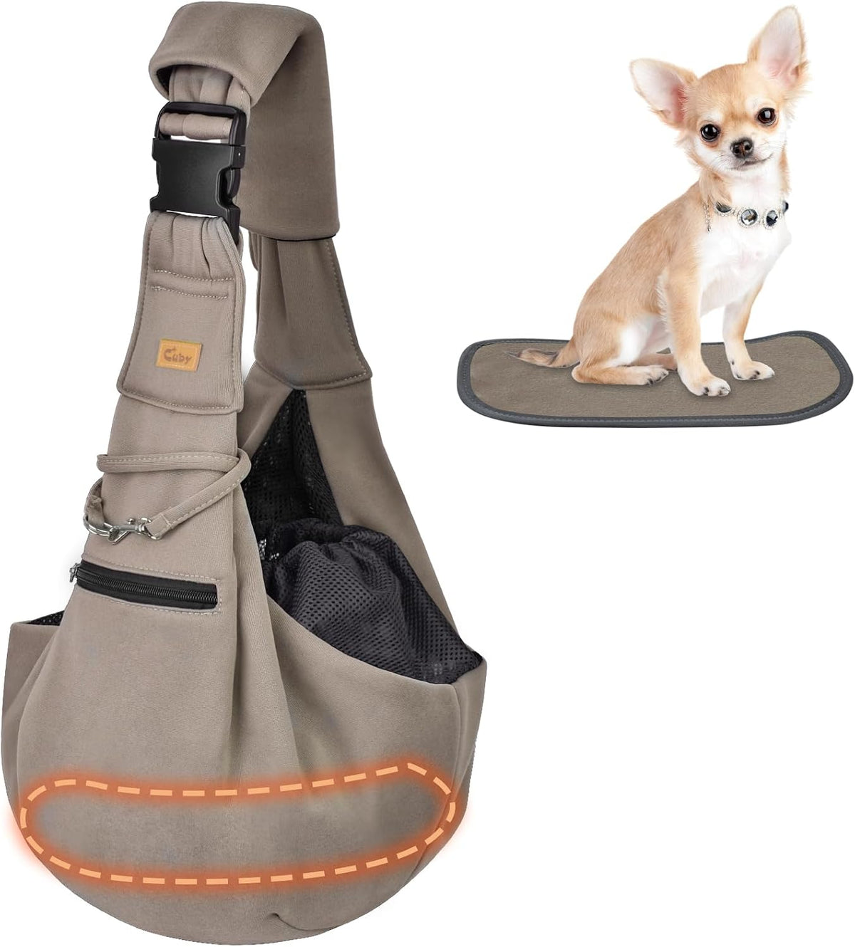 Adjustable Dog Cat Sling Carrier with Padded Hard Bottom Pet Carrier Sling Soft Carrying Puppy Bag for Small Dogs Cats Outdoor Travel(Khaki Senior)