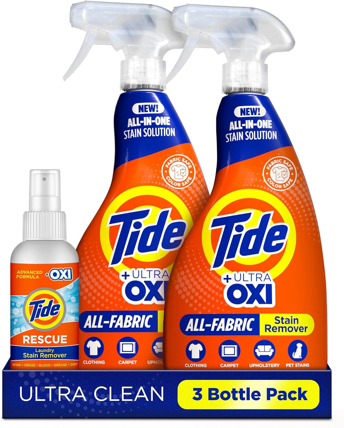 Tide Laundry Stain Remover Spray with Oxi | Stain Remover for Clothes, Carpet, Upholstery, Pet Bedding | Stain Treater Spray for Tough Stains from Wine, Coffee, Grease | 22 Fl Oz (Pack of 2) & 3 Fl Oz