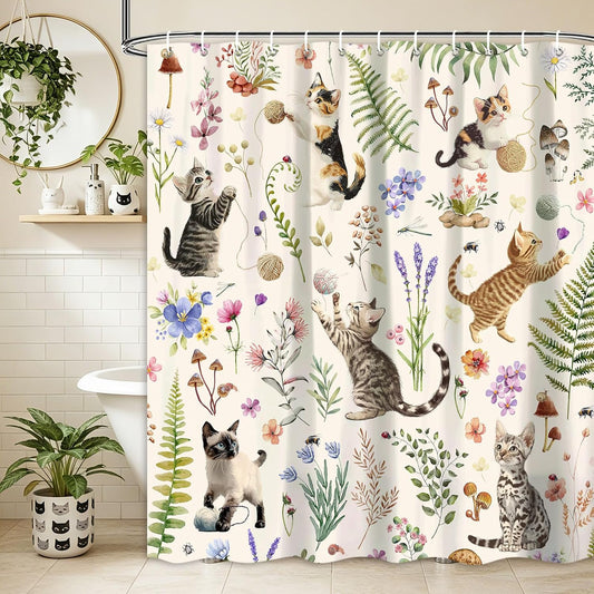 Cat Shower Curtain, Boho Watercolor Floral Plant Shower Curtains for Bathroom, Cute Funny Animal Wildflowers Print Waterproof Polyester Fabric Shower Curtain Set with 12 Hooks,72X72In