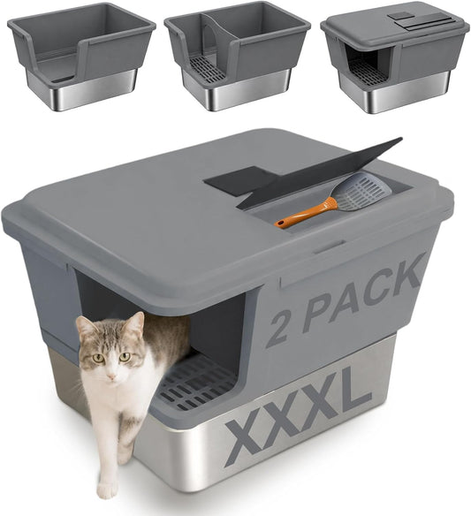 2 Pack XXL Enclosed Stainless Steel Litter Box with Lid, High Sided Covered Metal Litter Pan Large with Litter Catch Step & Walkway Side Entry, Dual Odor Control,Easy Clean, Gray