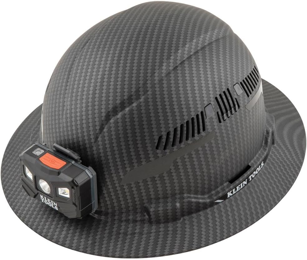 Klein Tools 60347 Hard Hat, Vented Full Brim, W/Headlamp, KARBN Pattern