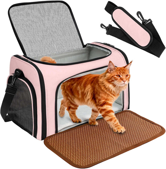 Cat Carrier Dog Carrier - Soft-Sided Cat Carrier with Plush Pad & Cooling Mat, Easy-Load 4-Side Zipper & 3-Side Mesh Ventilation, Pet Carrier Airline Approved for Cats/Dogs up to 16 Lbs, Pink