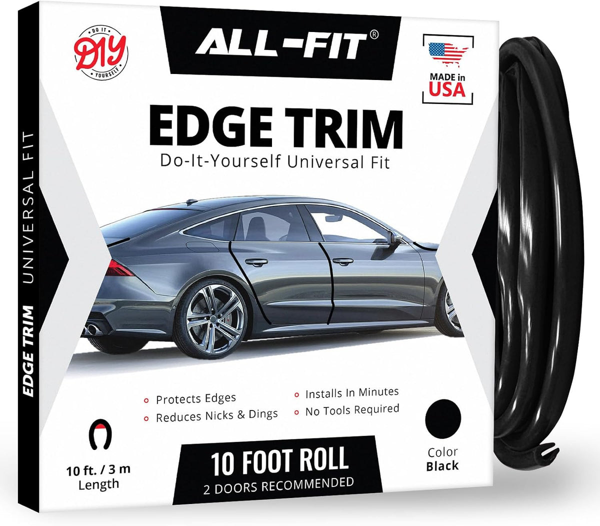 All-Fit Car Door Edge Protector Made in USA - Easy to Install (10 Ft Black)