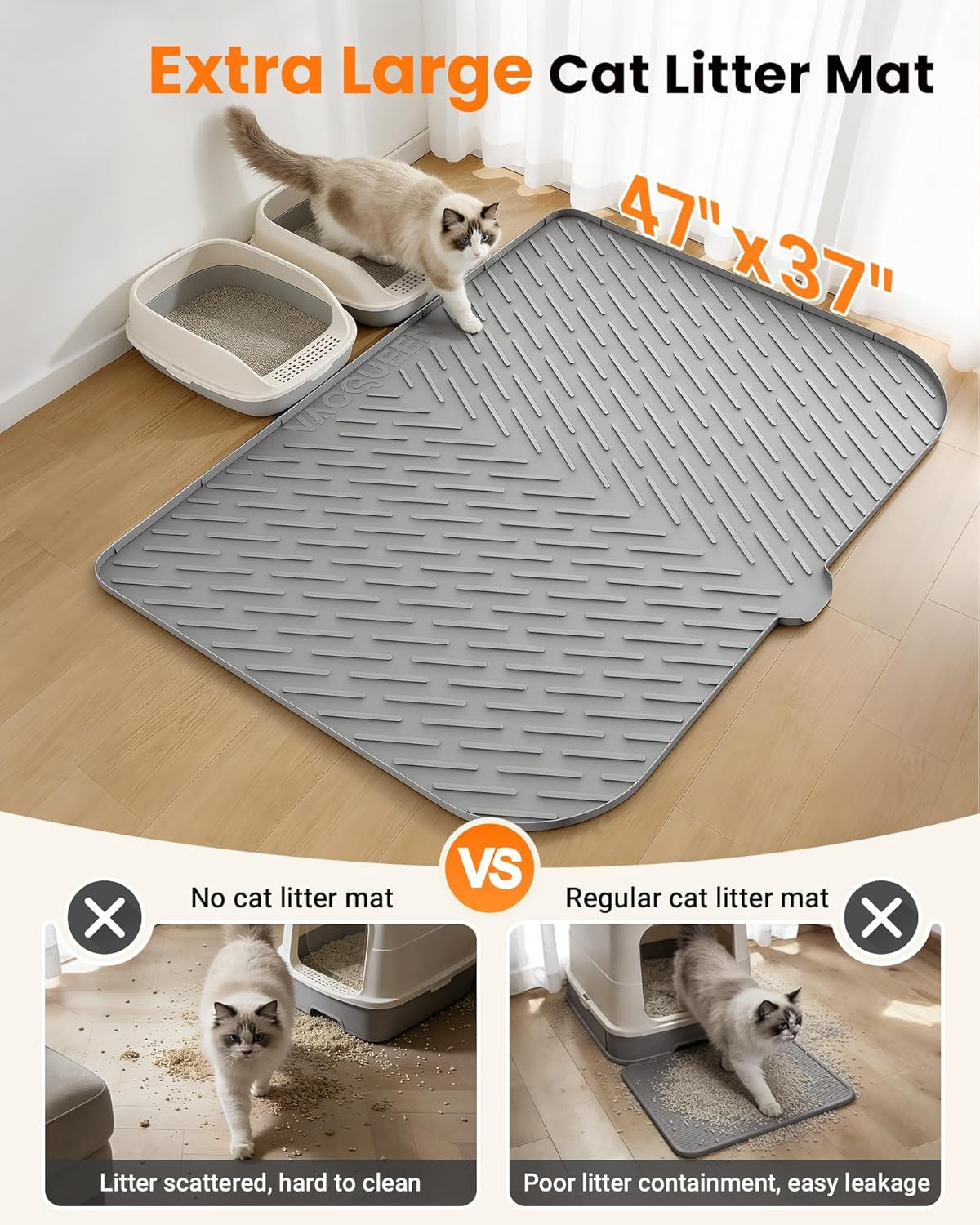 Cat Litter Box Mat, 47" X 37" Extra Large Cat Litter Mat, Silicone Waterproof Litter Trapping Mat for Scatter Control Soft on Kitty Paws Non-Slip Easy to Clean (Gray)