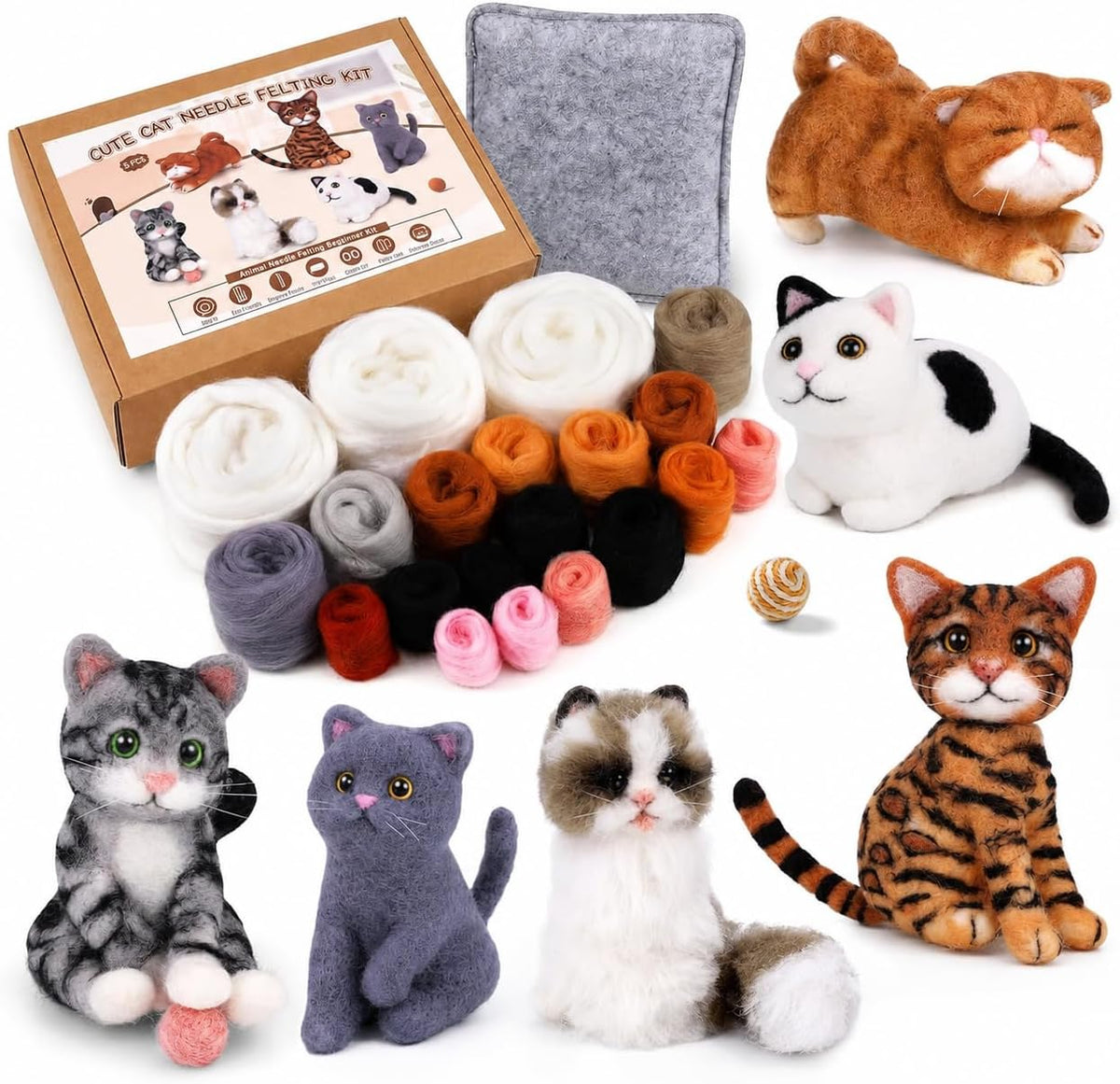 Mayboos 6 Pcs Needle Felting Kit, Felting Kits for Beginners (Cute Cat)