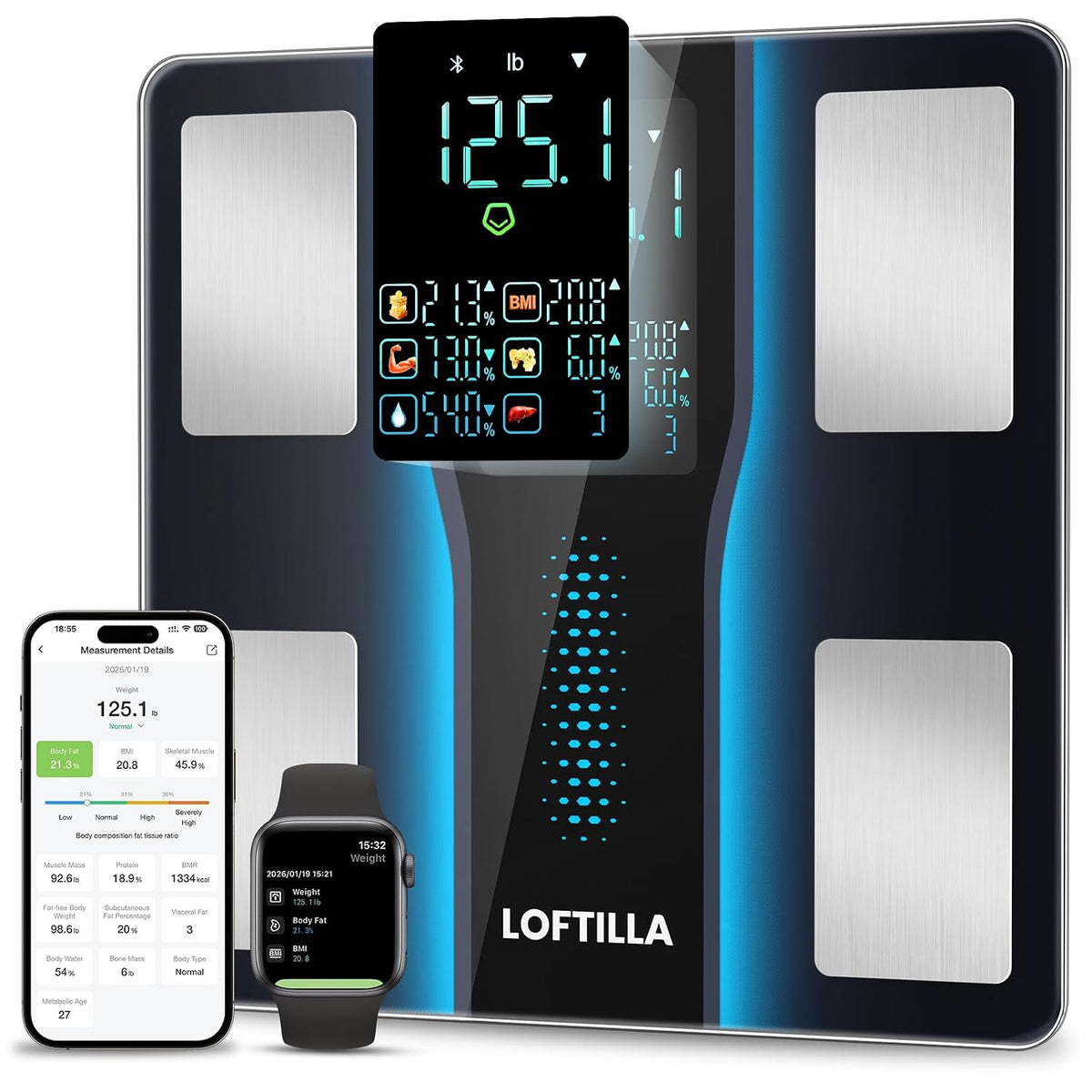 LOFTILLA Smart Scale with BMI, Body Fat, Muscle Mass, 8-In-1 Display