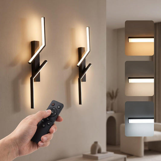 Rechargeable Wall Sconces Set of 2 | 24" Modern Battery Operated LED Wall Lights with 2 Remotes | Dimmable | Magnetic | Wireless Black Sconce for Bedroom | Hallway