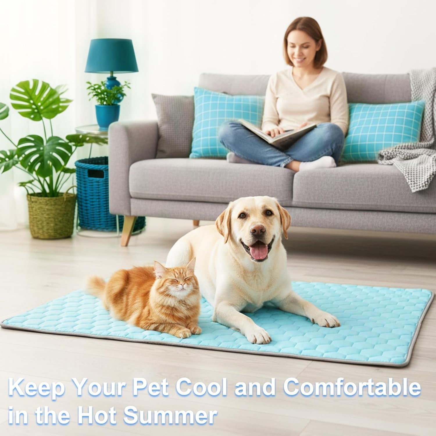 Vivifying Cooling Blanket for Dogs, Reversible Ice Silk Dog Cooling Mat with Soft Plush Backing, Summer Pet Blanket Throw for Couch Bed Crate Floor Travel, 30 X 40 Inch (Blue&Grey)