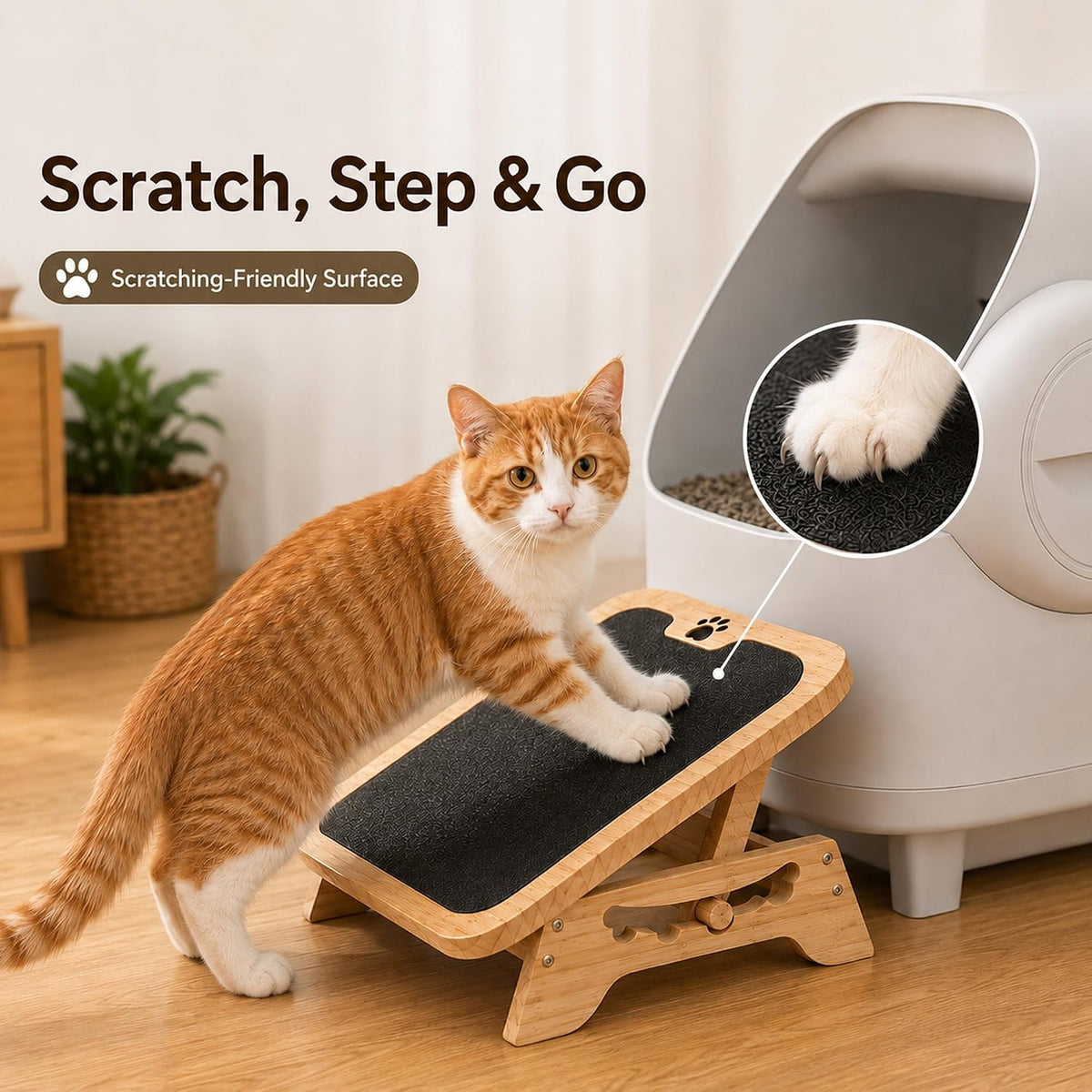 Wooden Litter Box Ramp, 4-Position Adjustable Cat Step for Automatic