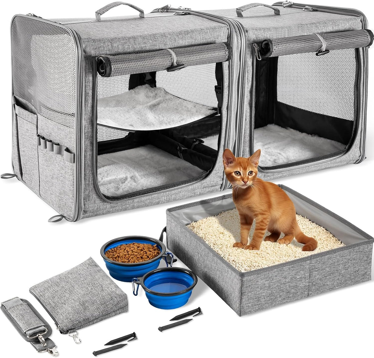 Extra Large Cat Carrier for 2 Cats with Travel Litter Box, 2-In-1