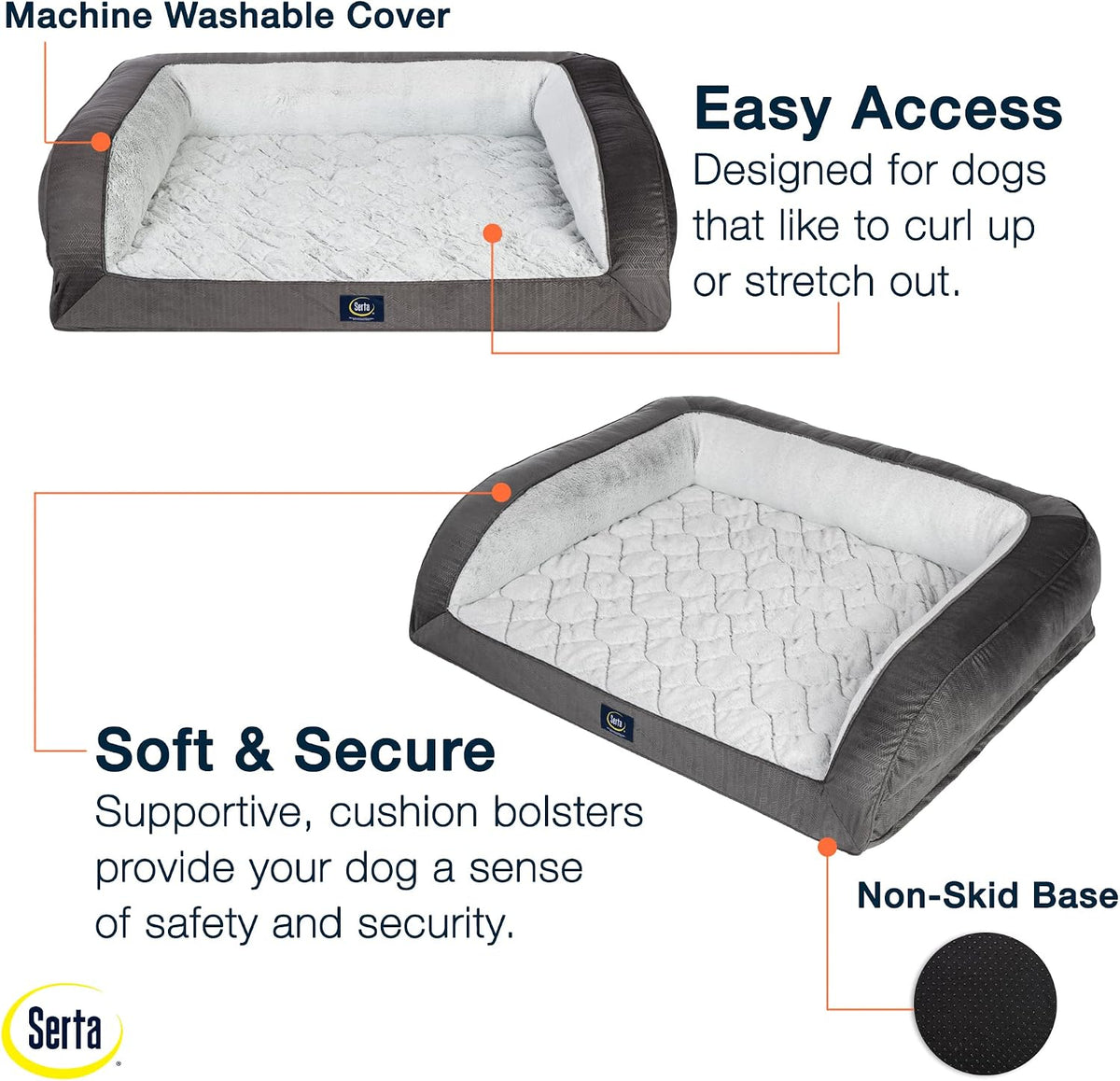 Serta Orthopedic Quilted Couch Dog Bed for Pets – Slate Gray (Large)