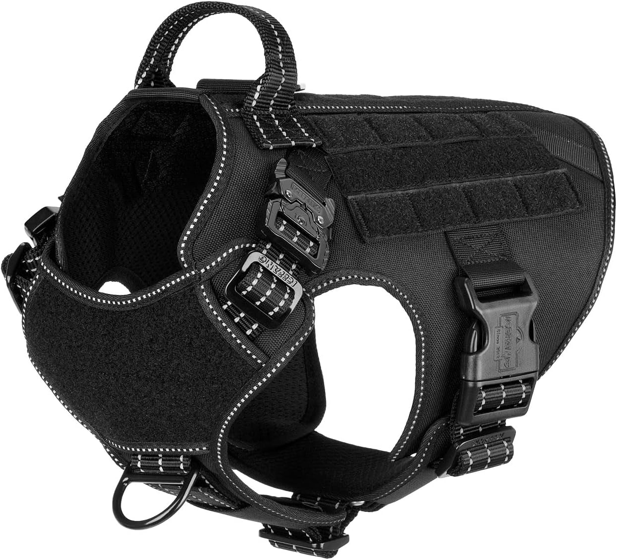 ICEFANG Tactical Dog Harness, Medium Size,2X Metal Buckle,Working Dog MOLLE Vest with Handle,No Pulling Front Leash Clip,Hook and Loop Panel (Black,M (Pack of 1))