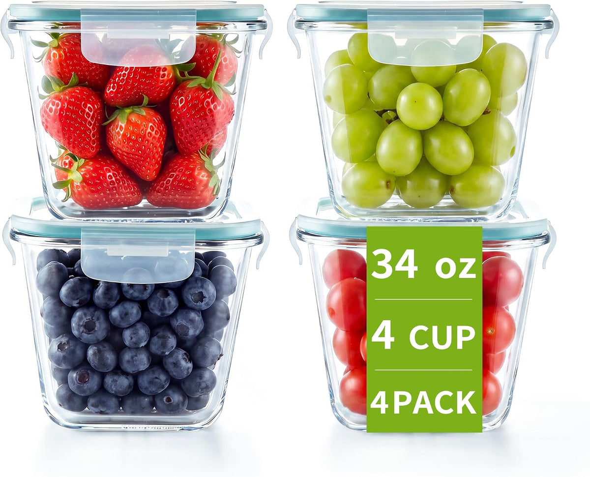 4 Pack 34Oz/1000Ml Glass Meal Prep Containers with Lids, Blue