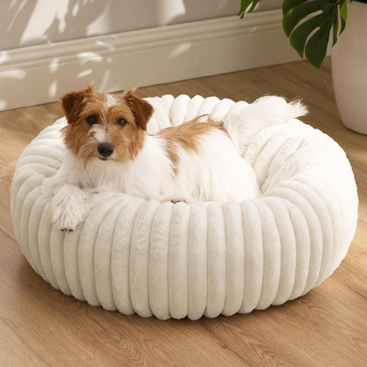 Bedsure Comfyfleece™ Donut Small Dog Bed with Removable Washable Cover | 27X27X8In, Calming round Cat Beds for Indoor Cats, Support Plush Puppy Bed, Corduroy Fleece,Anti Slip Bottom,Cream