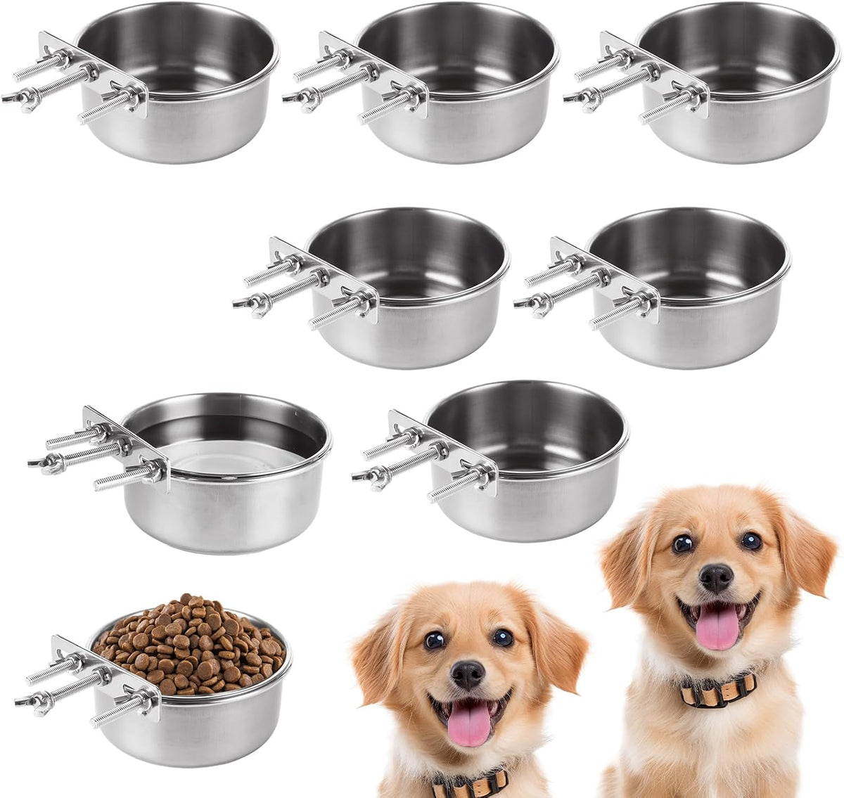 8 Pack Dog Crate Water Bowl Stainless Steel Kennel Bowls Bulk Hanging Cage Dog Bowls with Clamp Holder Non Spill Pet Food Bowl Metal Feeder for Cat Dog Bird