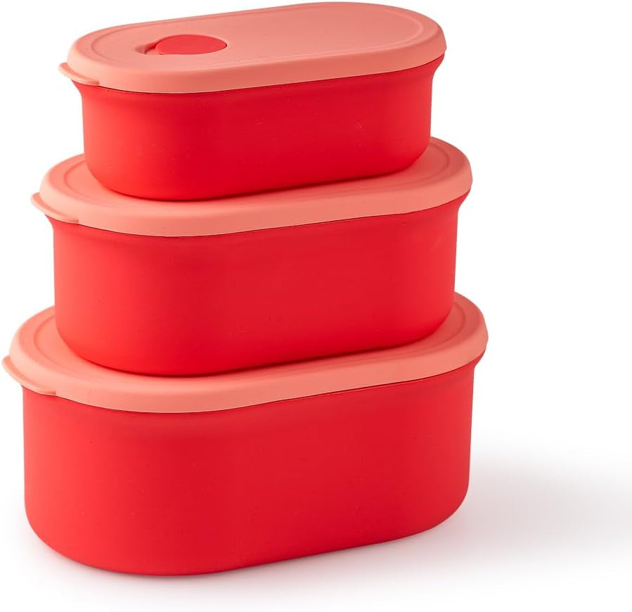 3 Piece Oval Silicone Food Storage Containers Set, 14 Oz, 30 Oz, 50 Oz, Stackable Airtight Lunch Bento Boxes for Microwave & Freezer（Red） (3)