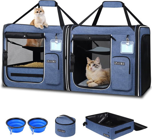 2 in 1 Double Cat Car Travel Carrier with Litter Box, Blue