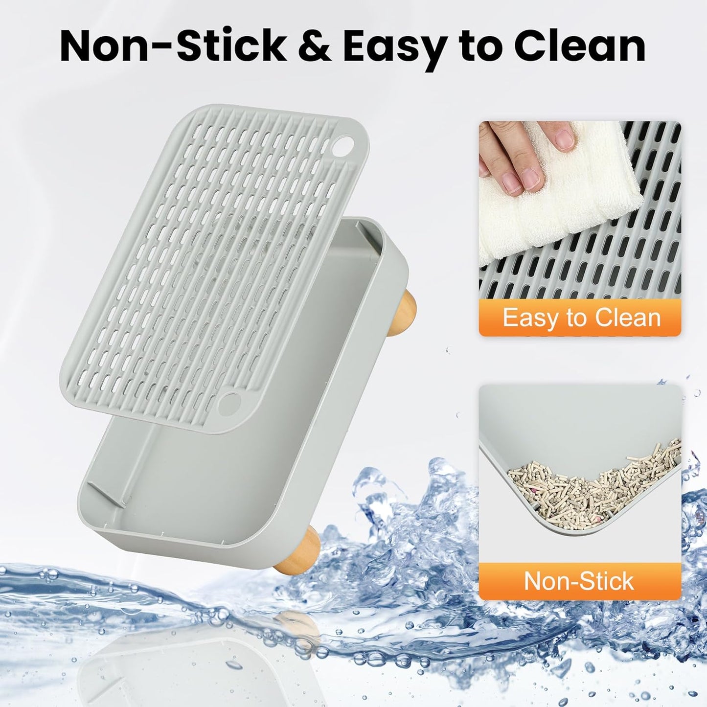 Litter Box Step, Litter Box Ramp/Catcher with Wooden Base, Anti-Tracking & Easy to Clean, Ideal for Small & Elderly Cats (Grey)