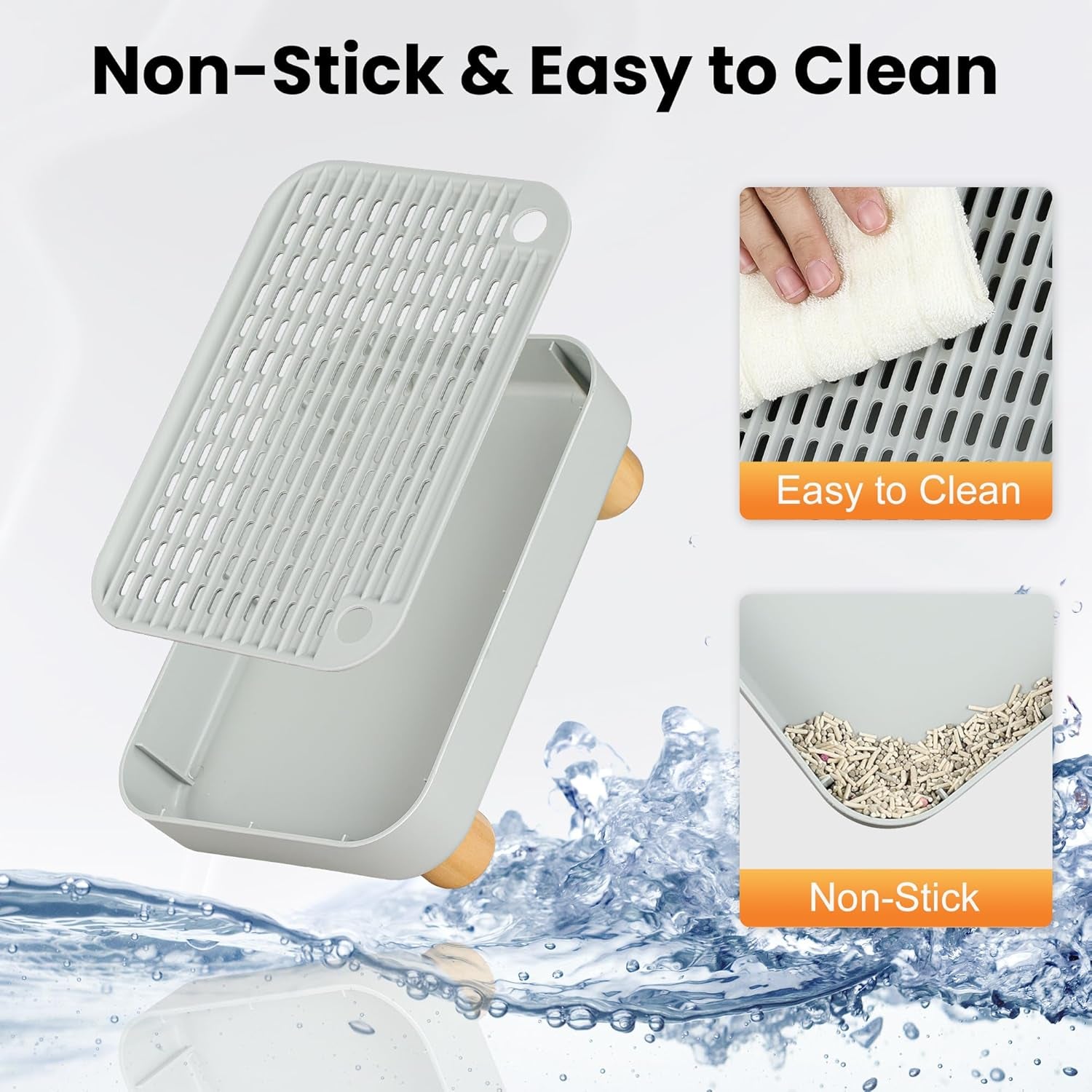 Litter Box Step, Litter Box Ramp/Catcher with Wooden Base, Anti-Tracking & Easy to Clean, Ideal for Small & Elderly Cats (Grey)