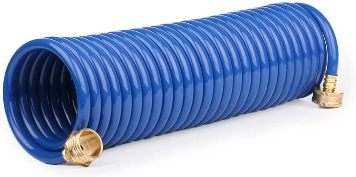25FT EVA Coiled Garden Hose, 1/2 in Blue Hose, Brass Fittings
