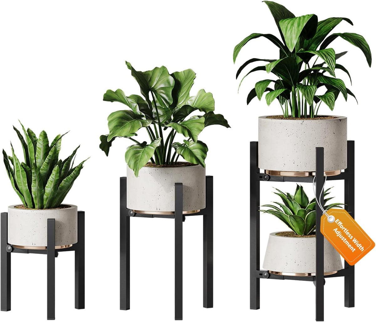 3 Pack Plant Stand Indoor Adjustable, Metal Modern Indoor Plant Stand, Heavy Duty Single Plant Stands Outdoor Corner, Stable Plant Holder Indoor Stand, Fits 8 to 12 Inches Pots, Black