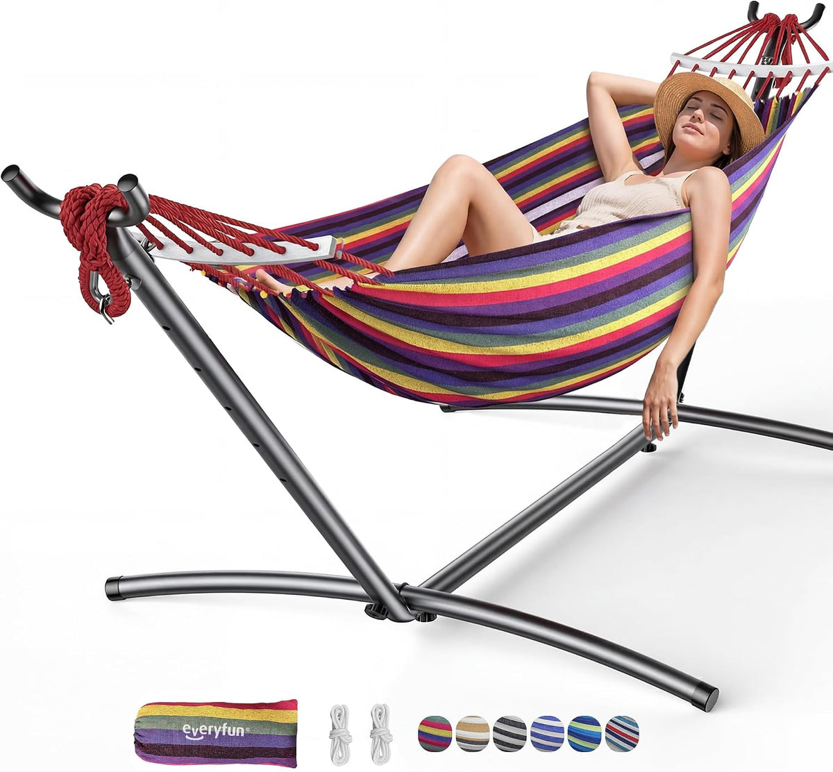Everyfun Double Hammock with Stand for 2 Person, 600 Lb Capacity, Rainbow