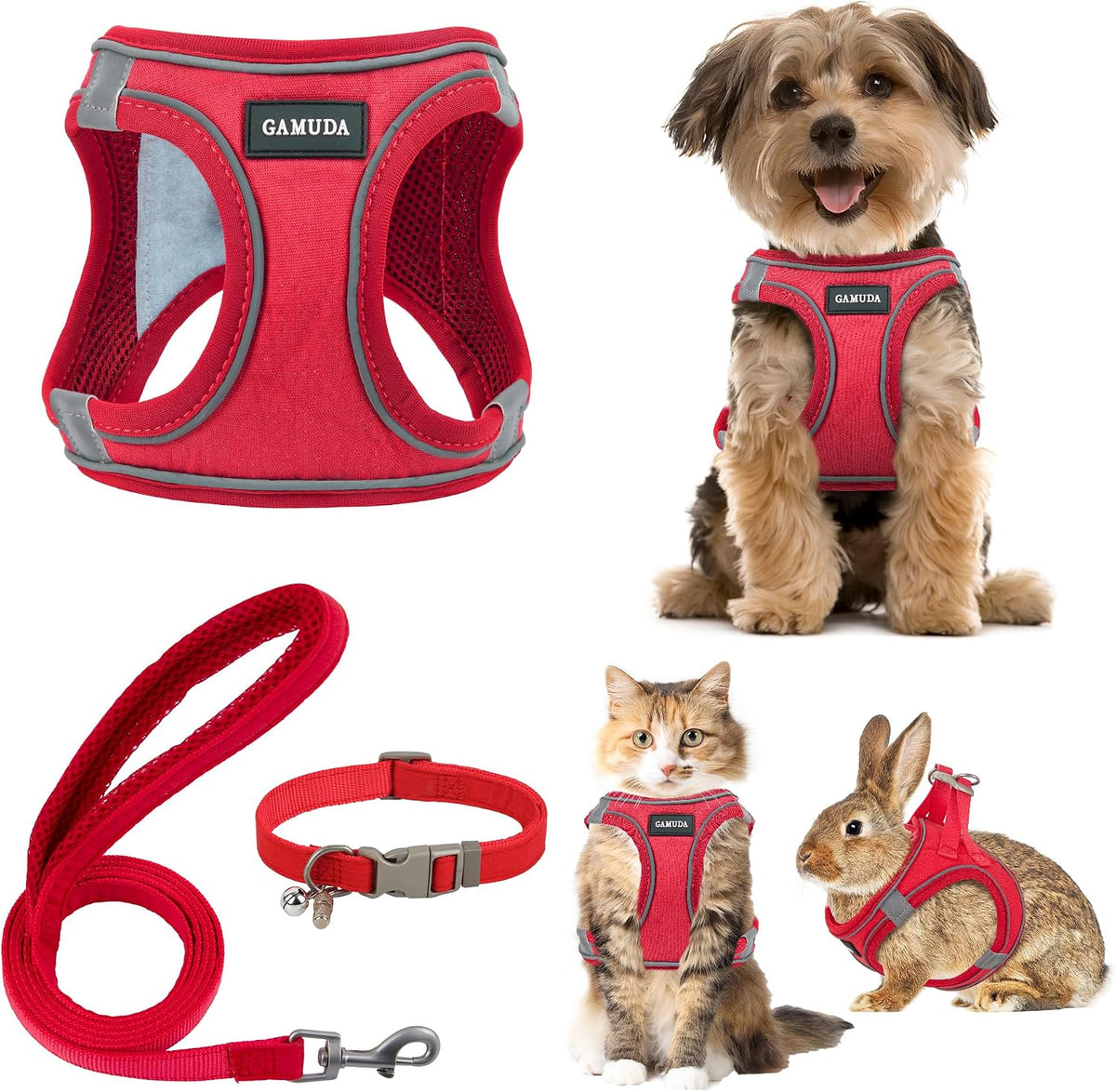 Small Pet Harness Collar and Leash Set, Step in No Chock No Pull Linen Fabric Soft Mesh Dog Vest Harnesses Reflective for Dogs Puppy Cats Kitten Rabbit (Red, S)