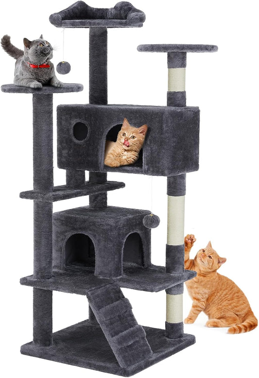 DUMOS 54-Inch Indoor Cat Tree Tower –Multi-Level Pet House for Large Cats with 2 Condos, Scratching Posts, round Platform, Small Ladder, and Toys – Perfect for Cats of All Ages, Dark Grey