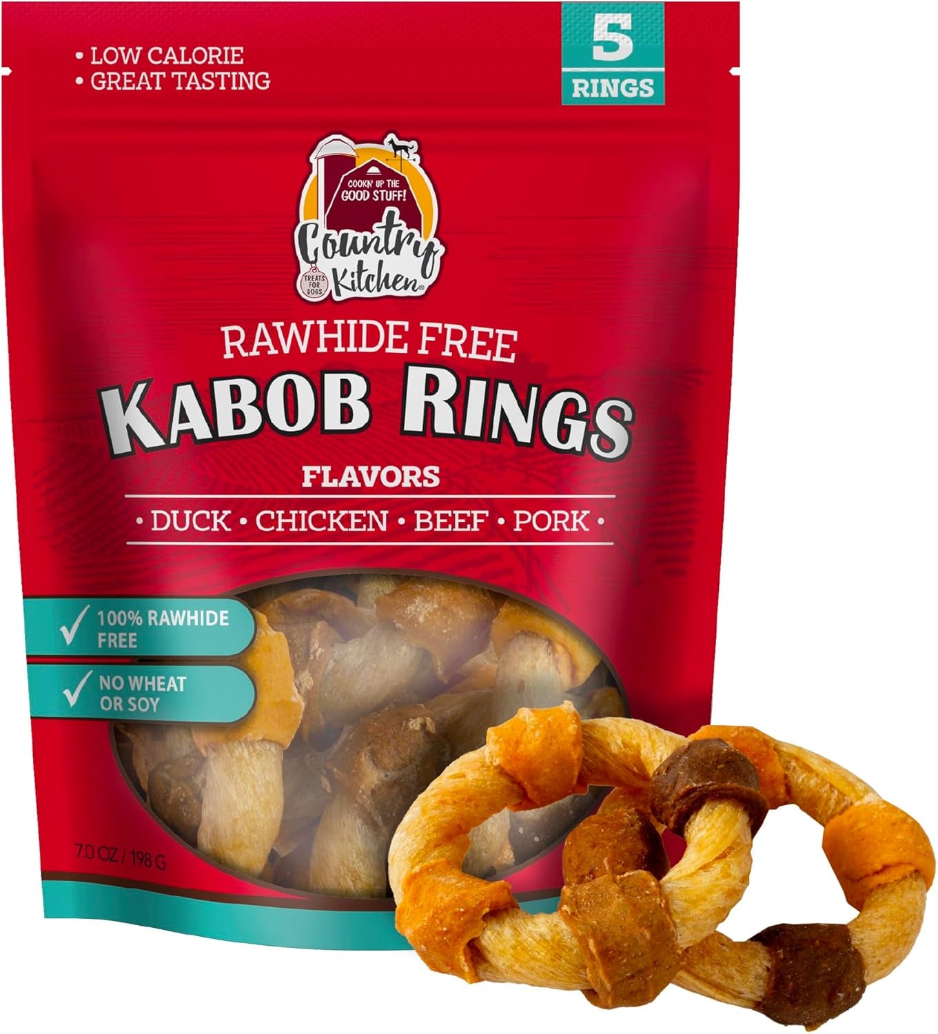 Country Kitchen Rawhide Free Kabob Rings 4 Flavor Protein Variety Dog Chews, Made with Real Chicken, Beef, Pork, and Duck, 5 Count