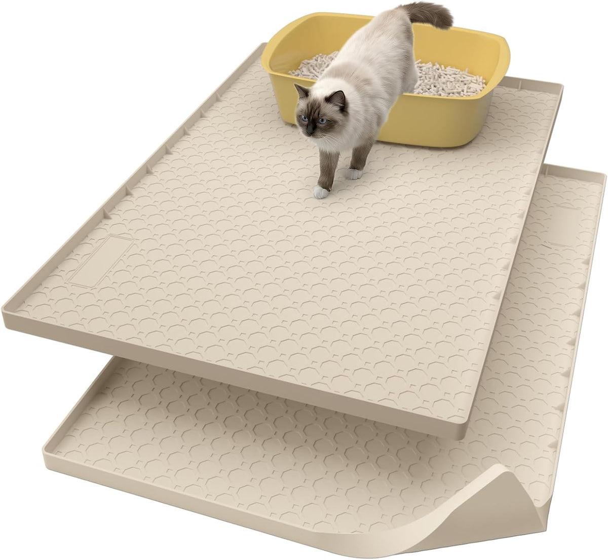 2PCS Large Cat Litter Mat 34"X22", Cat Litter Trapping Mat for Litter Box, Silicone Pet Feeding Mat with Raised Edges Waterproof, Beige