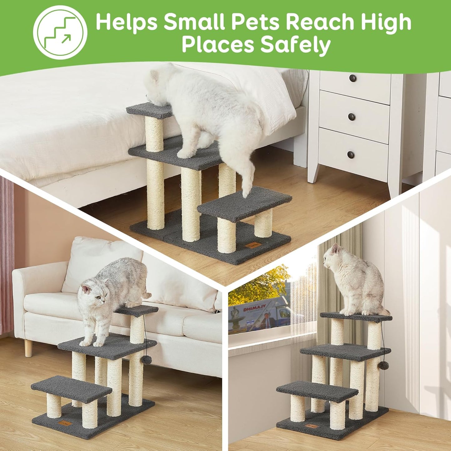 Pawque Dog Stairs & Cat Scratching Post Pet Steps for High Beds Couch, High-Strength Boards Holds up to 150 Lbs for Indoor Small Cats Kittens Dogs Climbing Playing, 3 Combination Options, 3 Steps-Grey