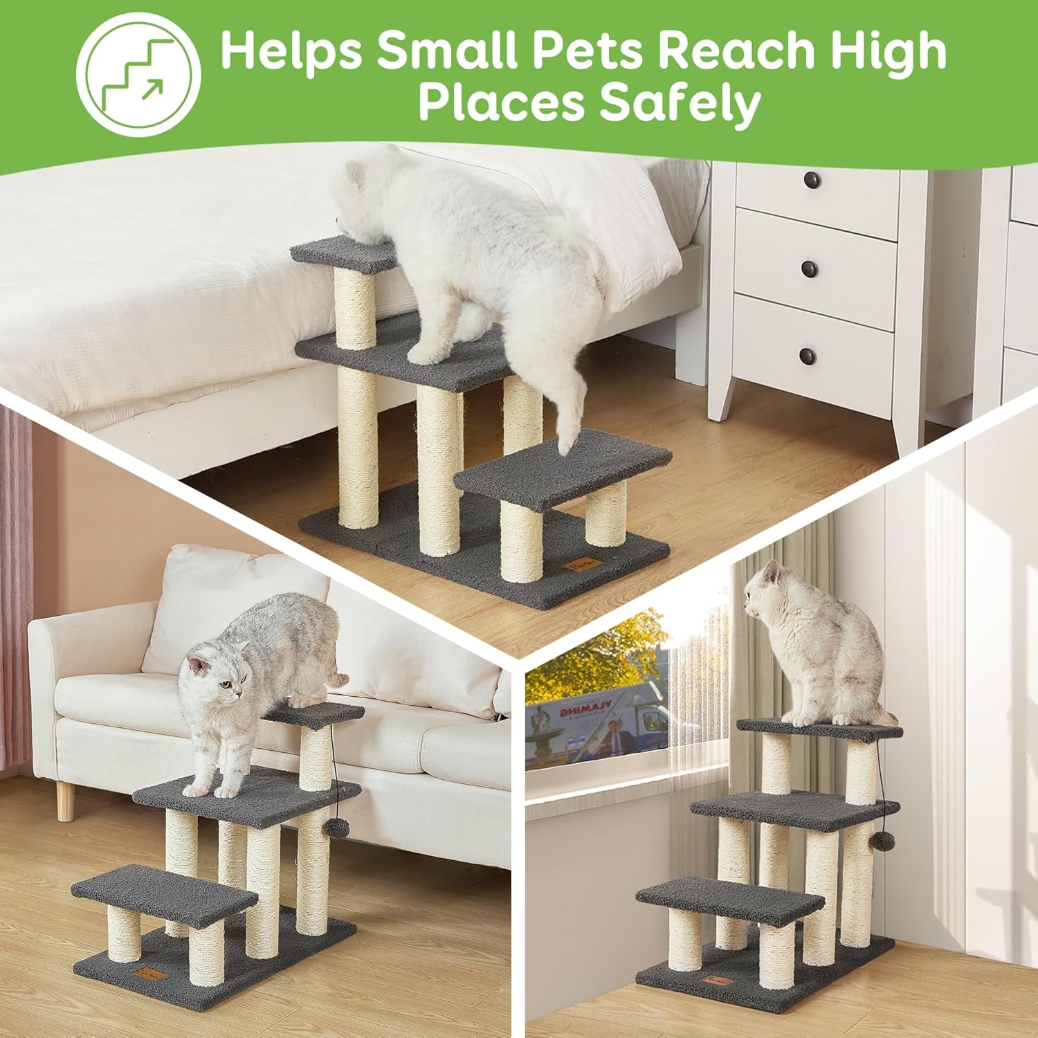 Pawque Dog Stairs & Cat Scratching Post Pet Steps for High Beds Couch, High-Strength Boards Holds up to 150 Lbs for Indoor Small Cats Kittens Dogs Climbing Playing, 3 Combination Options, 3 Steps-Grey