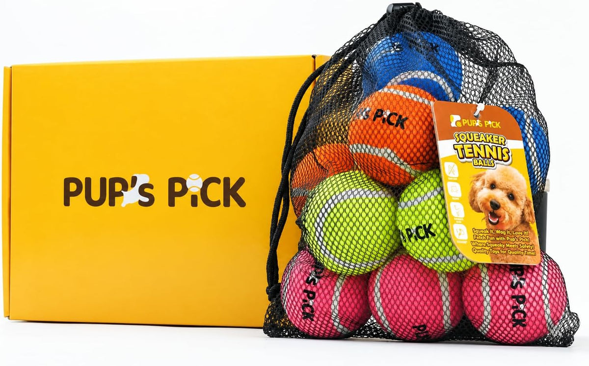 Pup'S Pick Squeaky Tennis Balls - 2.5" Fun Dog Balls for Fetch, 12-Pack in Bright Colors (Yellow, Blue, Pink, Orange), Includes 1 Reusable Carry Bag
