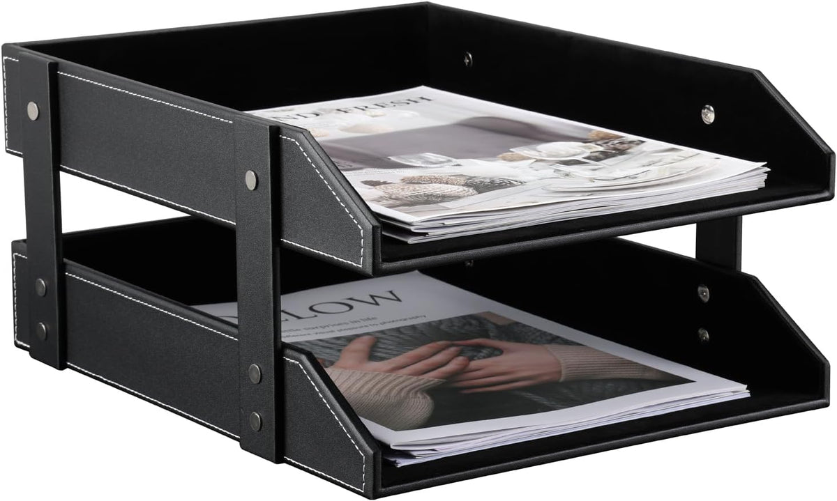 Letter Tray, Leather Paper Organizer Tray, Wooden Desk File Holder, Desktop File, Stackable Magazine Holder, Mail Sorter, Great for Home or Office - 2 Level Black