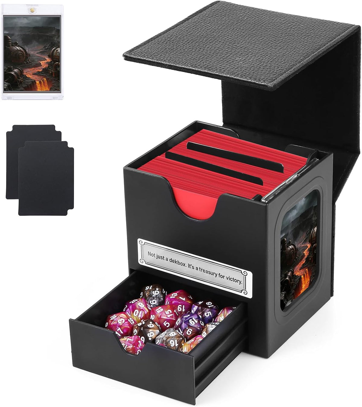 Patented MTG Commander Dekbox, 100+ Double Sleeved Card Storage Box with Dice Tray, 35Pt Card Holder & 2 Dividers - Magnetic Deck Case for Tcg/Ccg/Magic/Sports Cards, Black