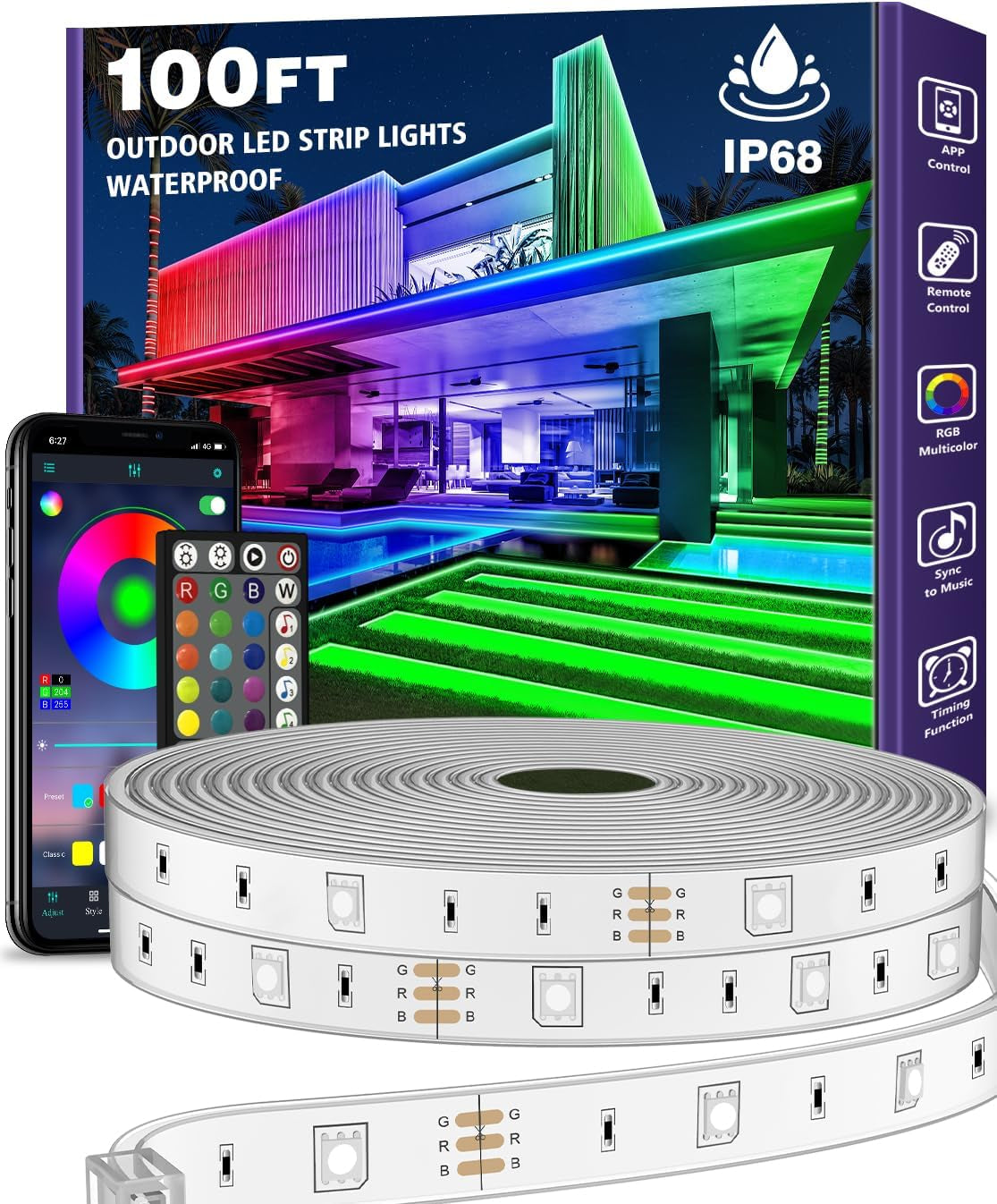 AILBTON 100Ft Outdoor LED Strip Lights Waterproof,Ip68 outside Led Light Strips Waterproof with Bluetooth App Remote Control,Music Sync RGB Exterior Led Rope Lights,For Balcony,Deck,Roof,Garden,Pool