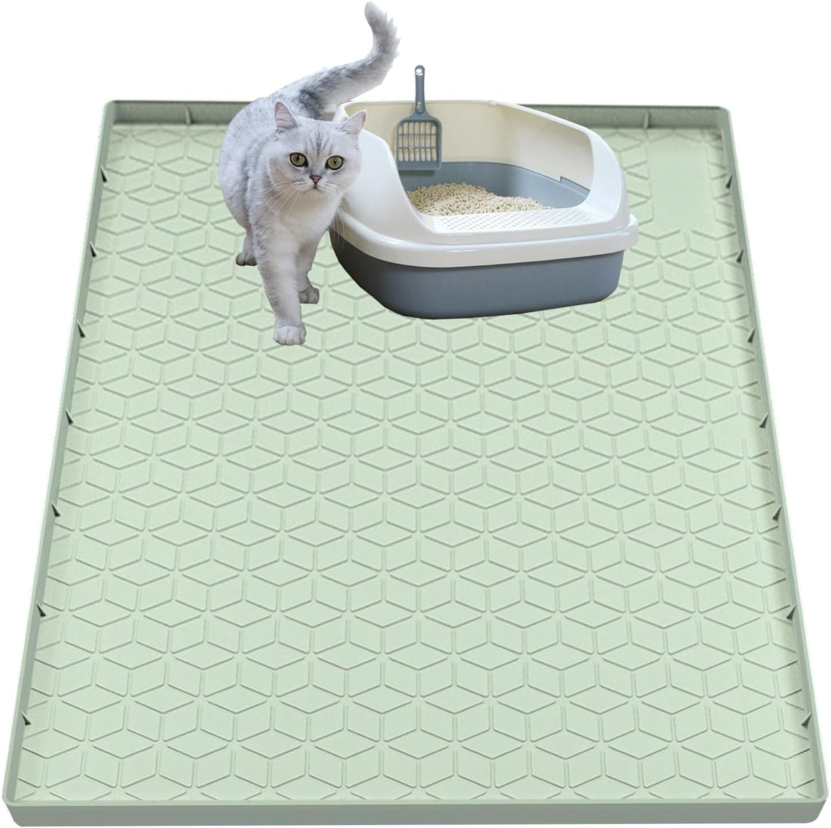 Cat Litter Mat, Silicone Large Cat Litter Trapping Mat for Litter Box - 31X22 In, Waterproof & Non-Slip, Durable & Easy Clean, Green