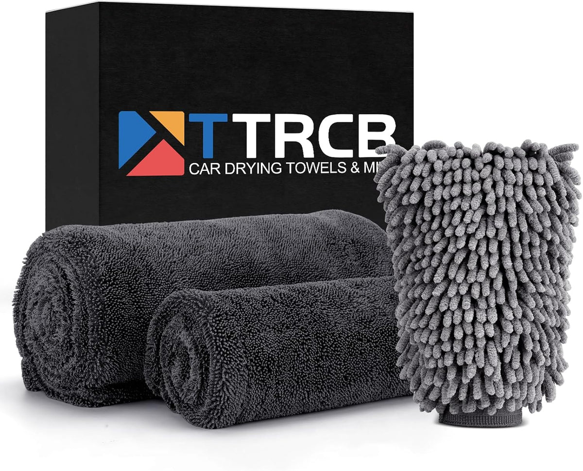 TTRCB 2 Pack Car Drying Towel, Car Wash Mitt, 1300 GSM Microfiber Towels for Cars (36" X 24" & 16" X 16"), Ultra-Absorbent, Streak Free, Car Wash Kit, Car Cleaning Detailing Supplies for Suvs, Trucks