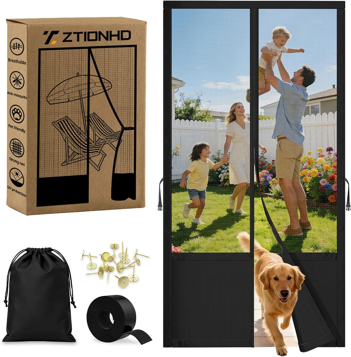 Magnetic Screen Door Fits 36X80 Inch Front Door Heavy Duty Fiberglass Mesh, 36 Magnets Auto Close, Tool-Free Installation, Keeps Bugs Out,Pet & Kid Friendly with Storage Bag,Black