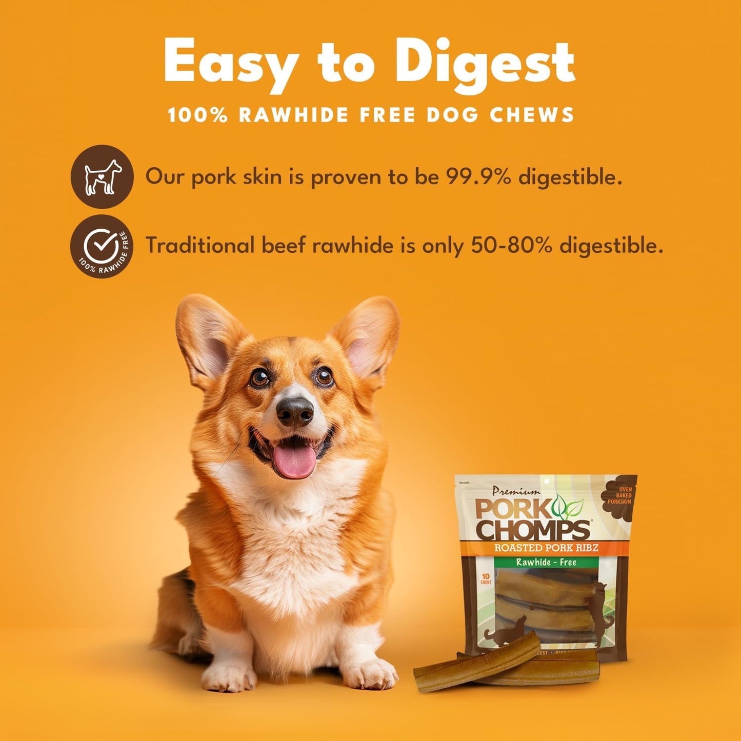 Pork Chomps Roasted Pork Skin Dog Chews, 6 Inch Rib Shapes, 10 Count, Pack of 1 - Long-Lasting Treats for Dogs - High Protein, Rawhide-Free, Low Fat, Healthy & Delicious Chews
