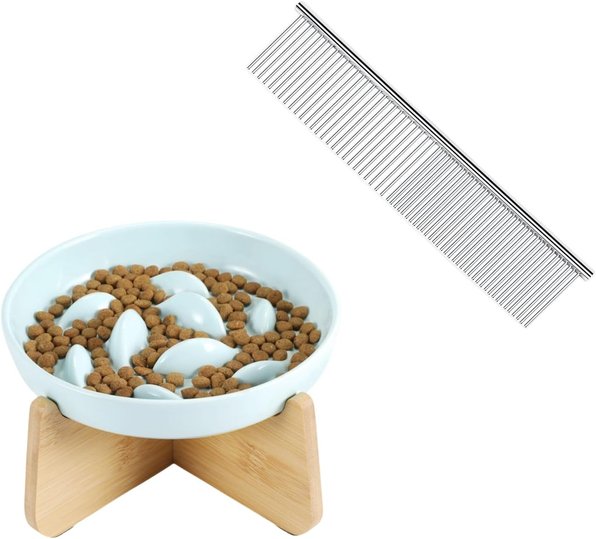Pettom Pet Steel Grooming Tool Poodle Finishing Butter Comb 7 1/2-Inch L Silver Slow Feeder Cat Bowl with Stand, Ceramic Slow Eating Cat Bowl with Higher Edges Fish Pool Design Elevated Cat Food Bowl