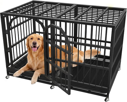 48 Inch Heavy Duty Dog Crate Indestructible Dog Kennel Large Indoor Escape Proof Big Cage for High Anxiety Large Dogs with Wheels, Locks and Removable Trays
