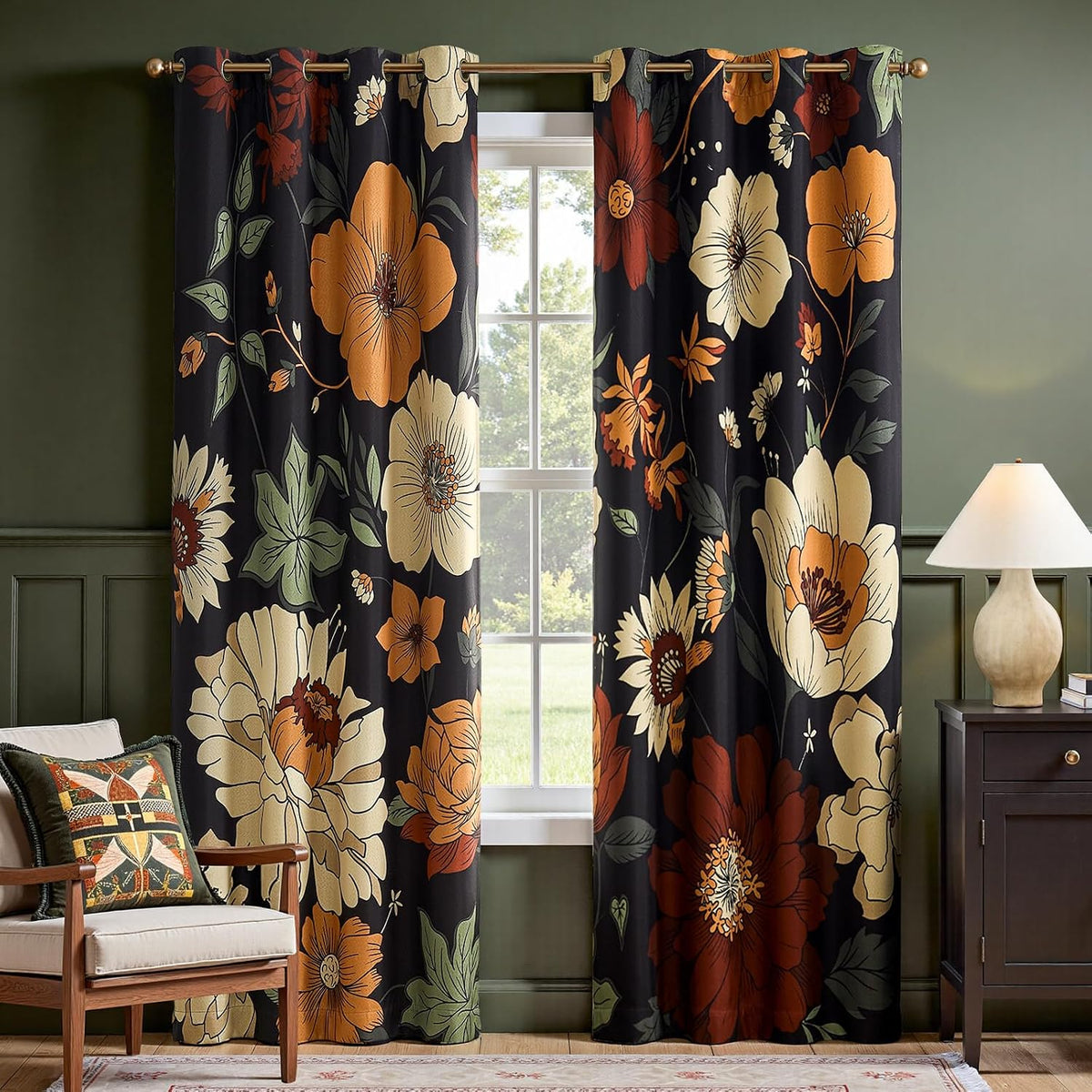 Jinchan Black Boho Floral Blackout Curtains 84 Inch Grommet 2 Panels