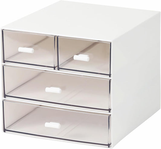 MILULUGO Makeup Organizer with 4 Drawers, Desk Organizer, Cosmetics Storage Box for Nail Polish, Lipstick, Brushes, Jewelry, Skincare, Bathroom Organization Boxes - White